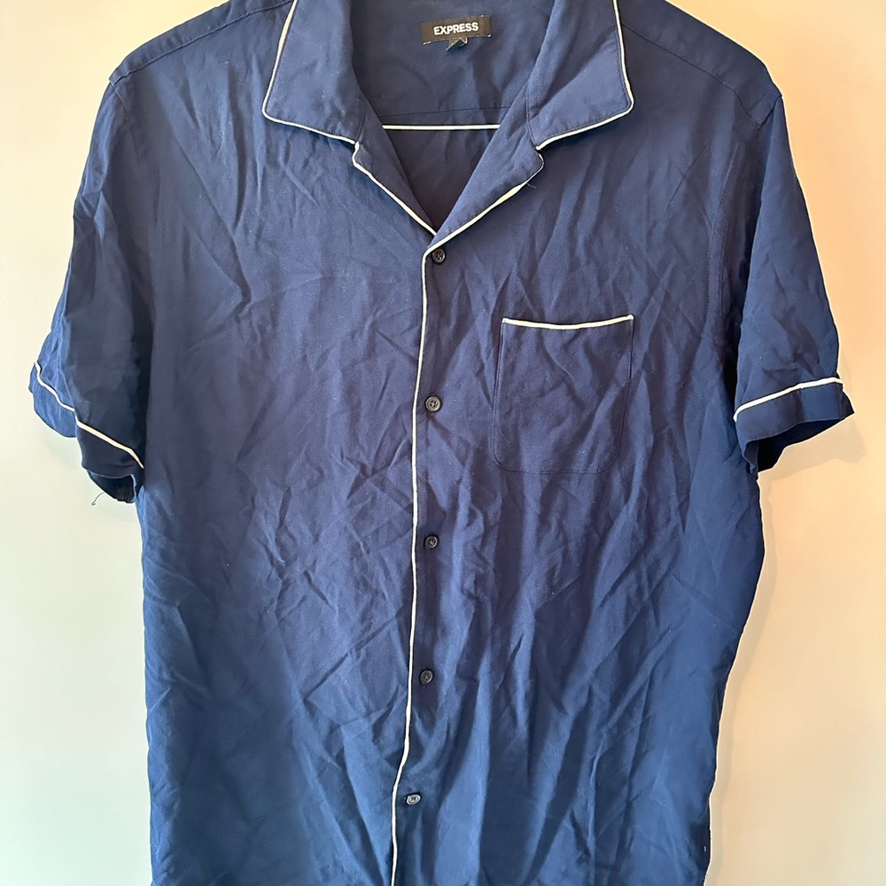 Express Blue Casual Button Down Shirt with Notched Collar